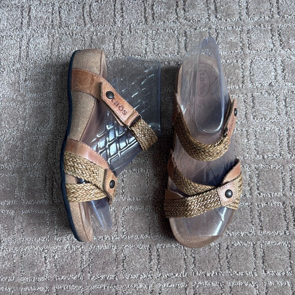 Taos Fabulous Slide Sandal Women's 7-7.5 Tan Camel Leather Slip On Adjustable